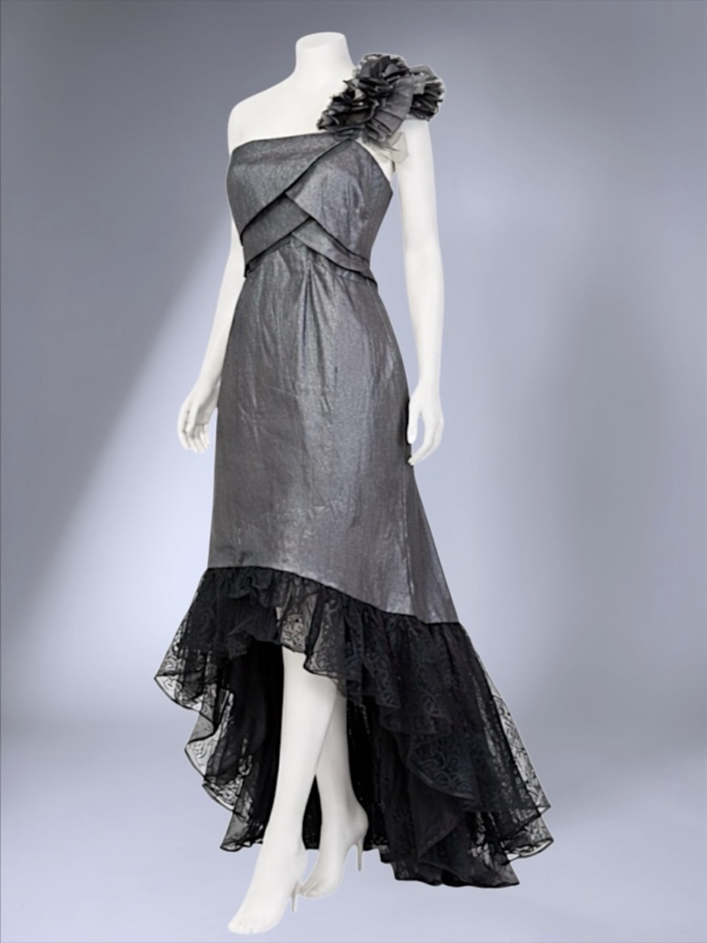 Snap A-Line Metallic Floral One-Shoulder Asymmetrical Tulle Maxi Dress - Picture 2 of 10